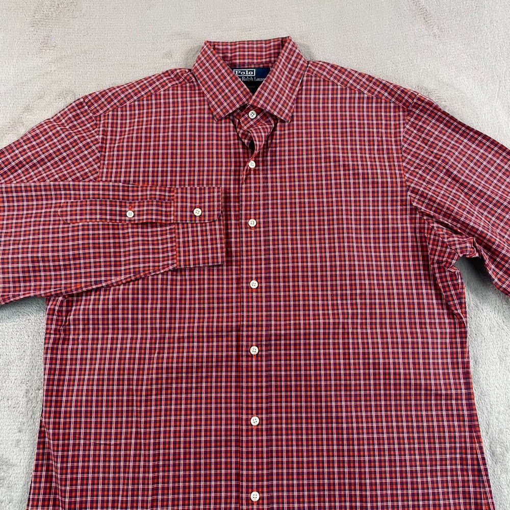 Vintage Polo Ralph Lauren Shirt Men Large Red Plaid Regen Custom Fit Long Sleeve